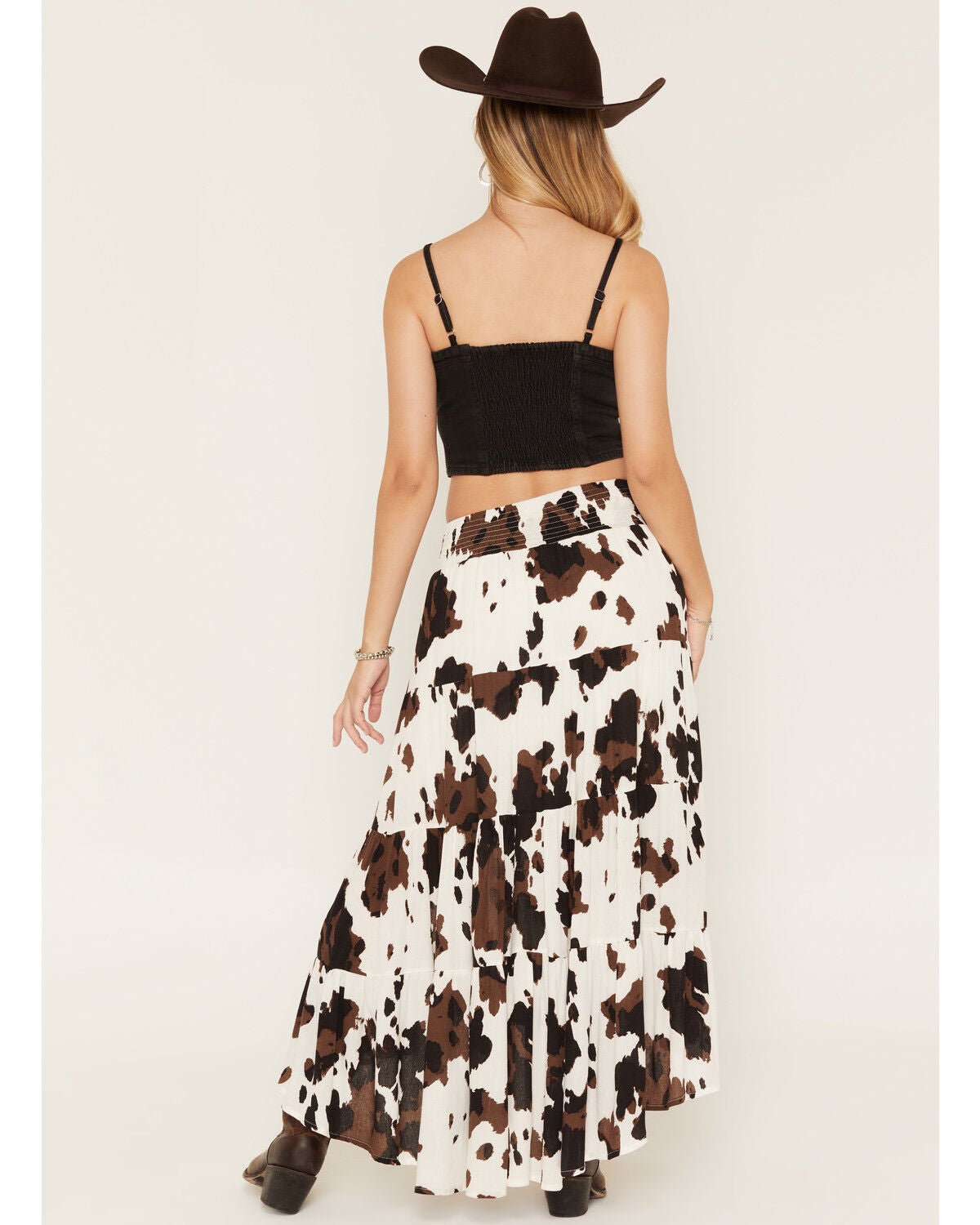 Image #3 - Wild Moss Women's Cow Print Tiered Front High Low Midi Skirt, Brown, hi-res