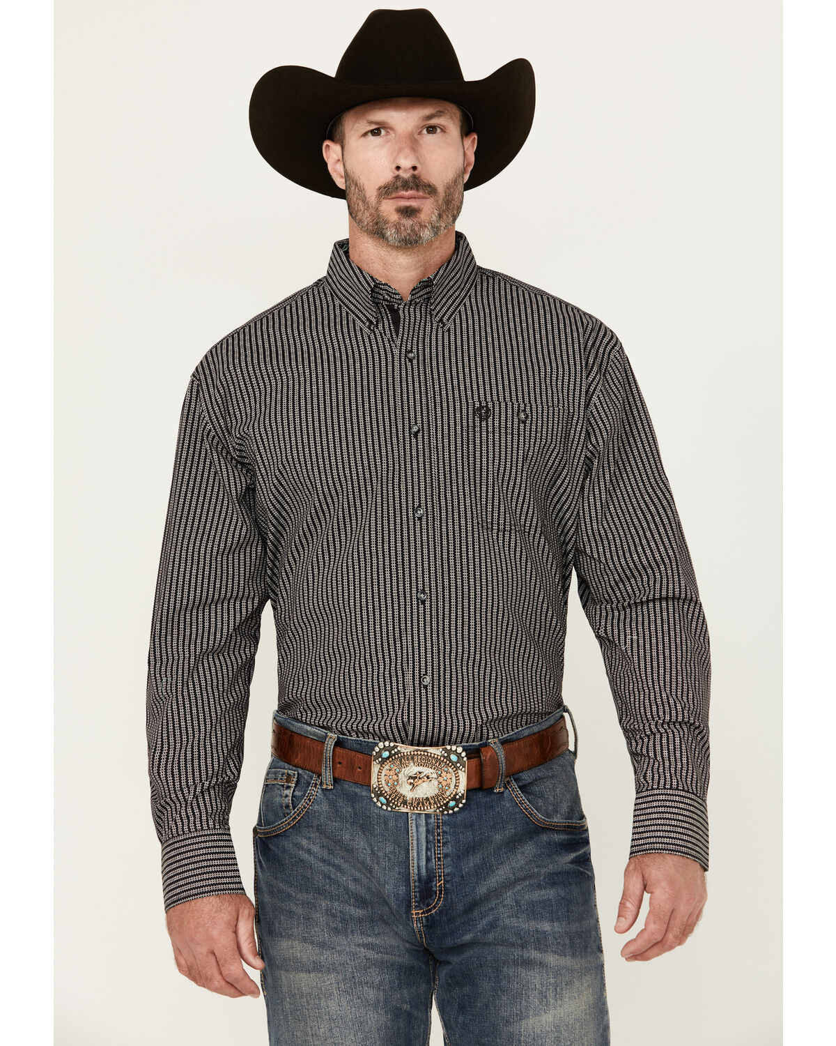 Image #1 - George Strait by Wrangler Geo Print Long Sleeve Button-Down Stretch Western Shirt, Black, hi-res
