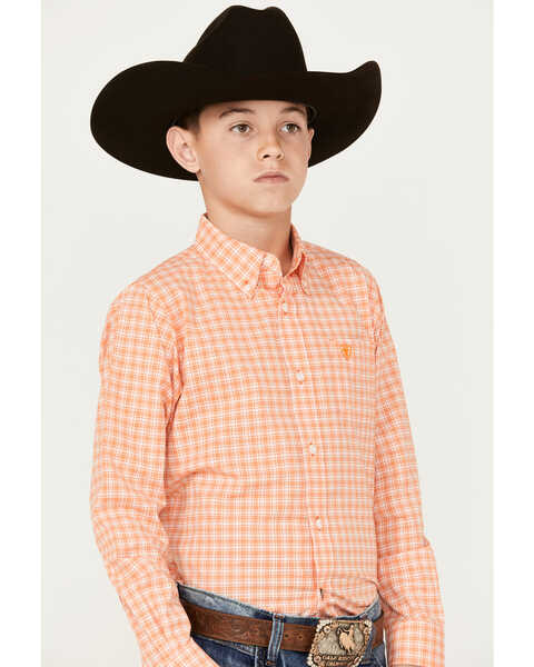 Ariat Boys' Matias Plaid Print Classic Fit Long Sleeve Button Down Western Shirt, Orange, hi-res