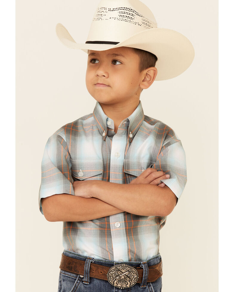 Amarillo Boys' Copper Ridge Dawn Ombre Plaid Short Sleeve Snap Western Shirt , Multi, hi-res