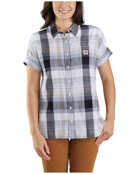 Image #1 - Carhartt Women's Loose Fit Plaid Twill Short Sleeve Button Down Work Shirt , White, hi-res