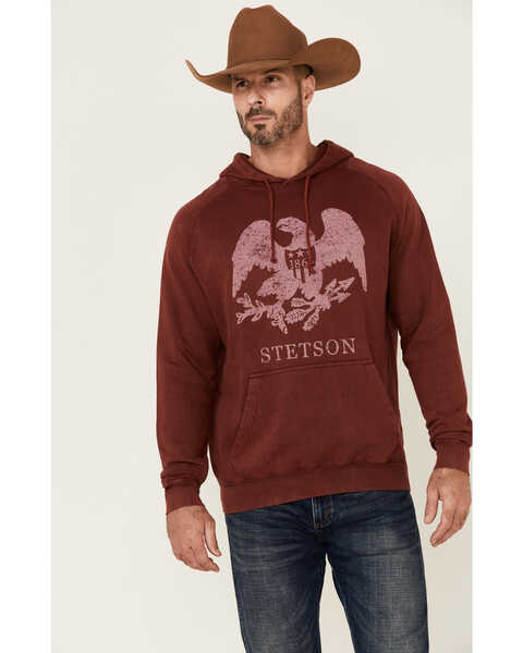 Image #1 - Stetson Men's Red Mineral Wash Distressed Eagle Graphic Hooded Sweatshirt , Blue, hi-res