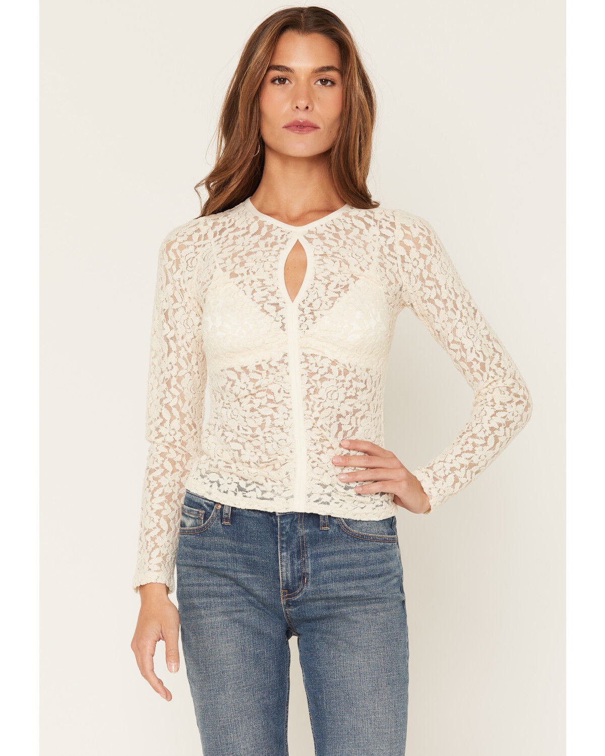 Image #1 - Shyanne Women's Hadley Long Sleeve Lace Keyhole Top, Natural, hi-res
