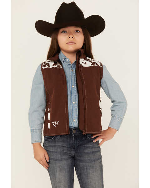 Image #1 - Cowgirl Hardware Girls' Cow Print Yoke Poly Shell Vest, Off White, hi-res