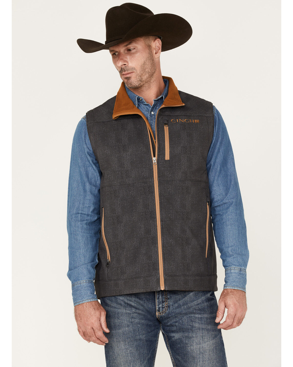 Image #1 - Cinch Men's Herringbone Concealed Carry Zip-Front Softshell Vest, , hi-res