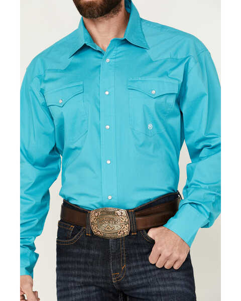 Image #3 - Roper Men's Amarillo Solid Long Sleeve Pearl Snap Stretch Western Shirt, Turquoise, hi-res