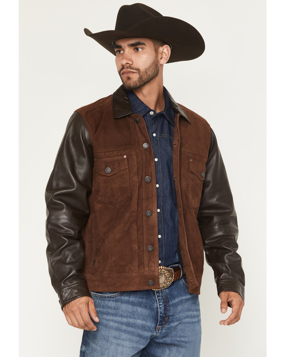 Moonshine Spirit&reg; Men's Brody Color Block Leather Button-Down Jacket, Rust Copper, hi-res