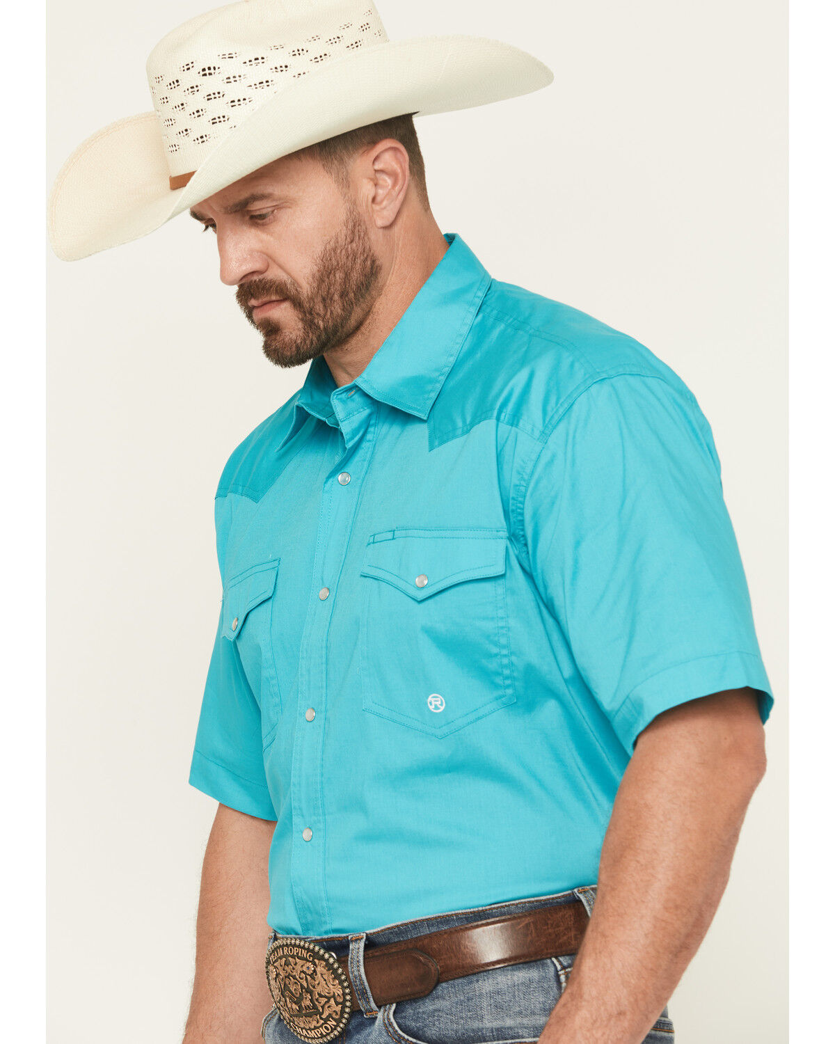 Image #2 - Roper Men's Amarillo Solid Short Sleeve Pearl Snap Stretch Western Shirt, Teal, hi-res