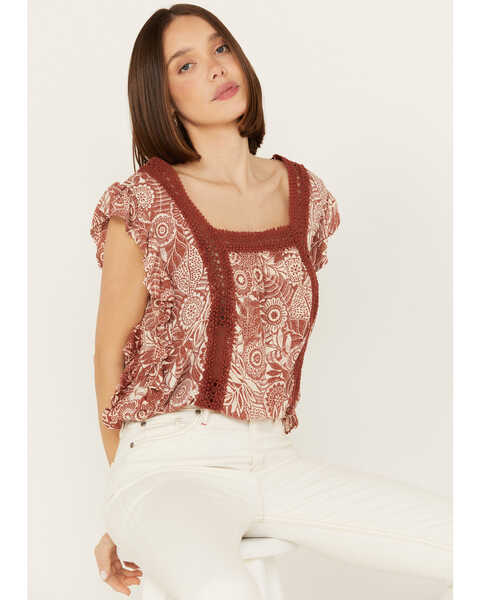 Image #1 - Angie Women's Butterfly Sleeve Floral Top, Rust Copper, hi-res