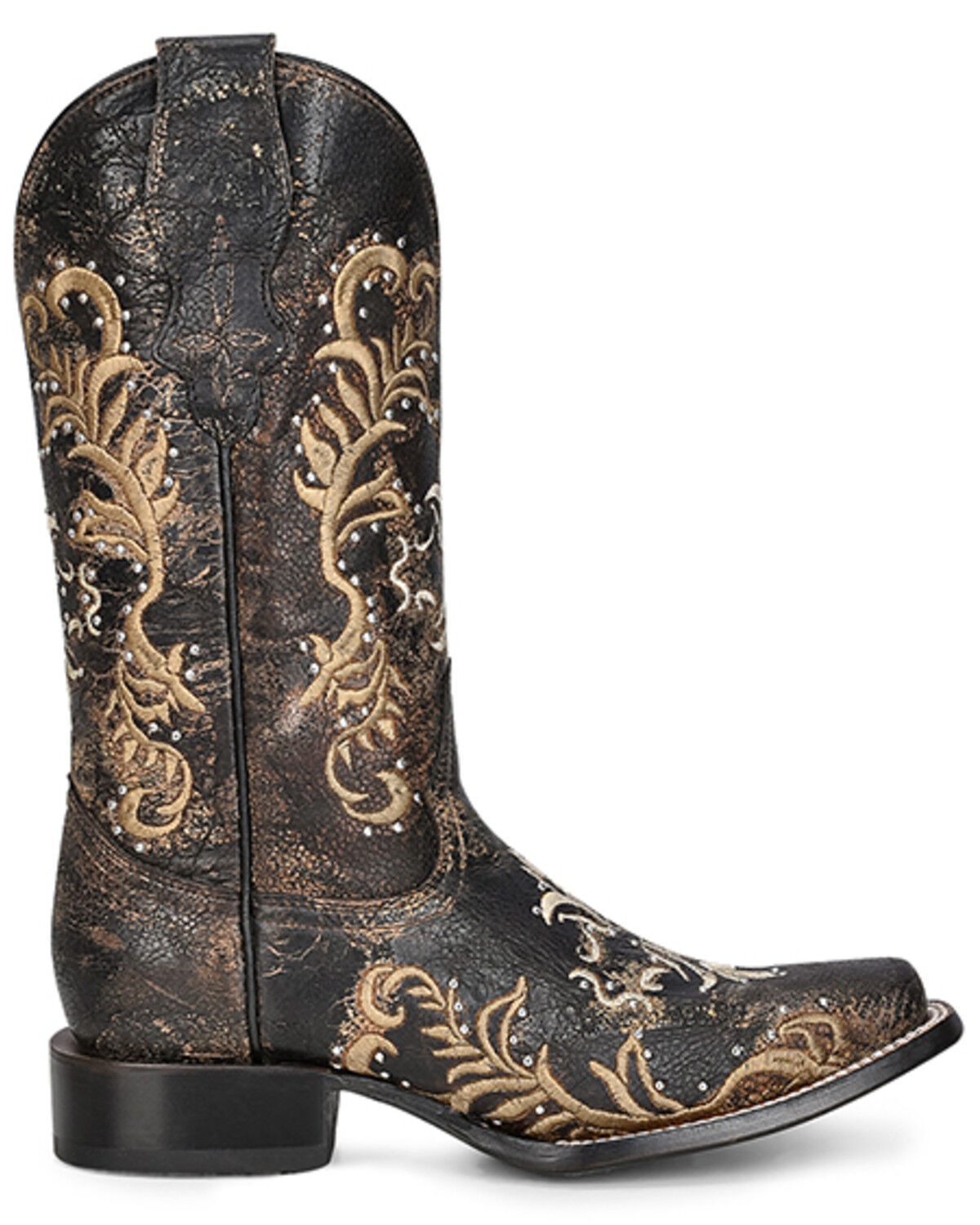 Image #2 - Circle G Women's Embroidered & Studded Distressed Tall Western Boots - Square Toe, Black/tan, hi-res