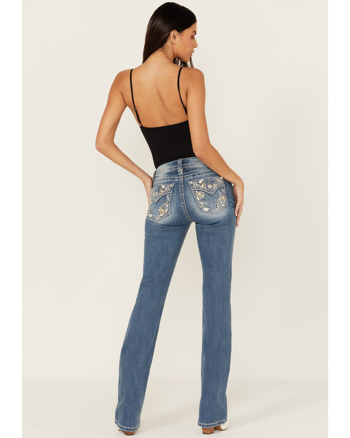 Image #1 - Miss Me Women's Medium Wash Mid Rise Floral Pocket Bootcut Stretch Denim Jeans, Medium Wash, hi-res