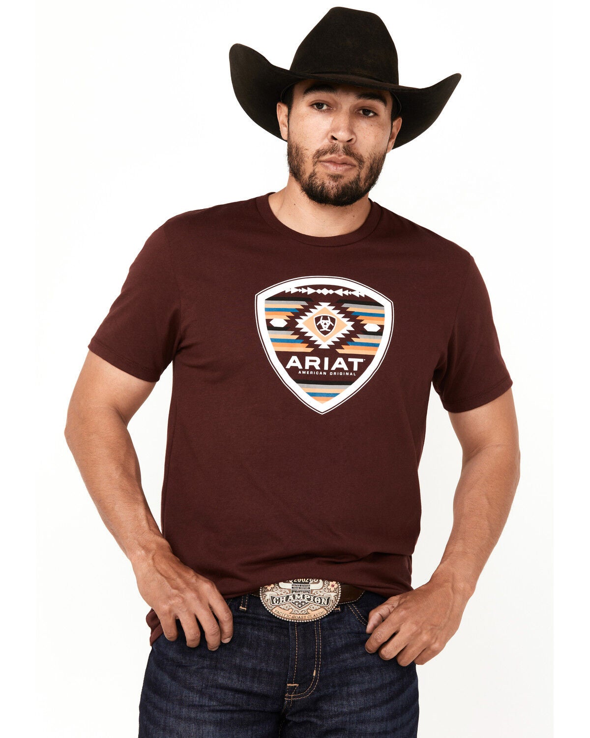 Ariat Men's Boot Barn Exclusive Logo Short Sleeve Graphic T-Shirt, Burgundy, hi-res
