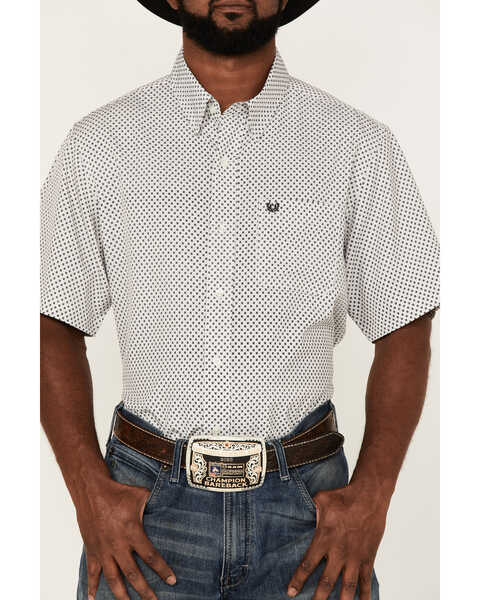 Panhandle Men's Performance Geo Print Short Sleeve Button Down Western Shirt, Black, hi-res