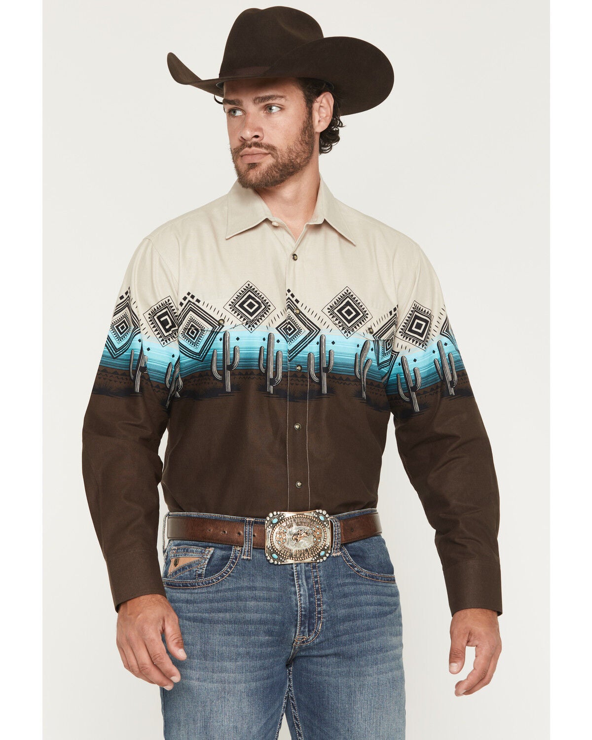 Panhandle Slim Men's Southwestern Cactus Border Long Sleeve Snap Western Shirt, Dark Brown, hi-res