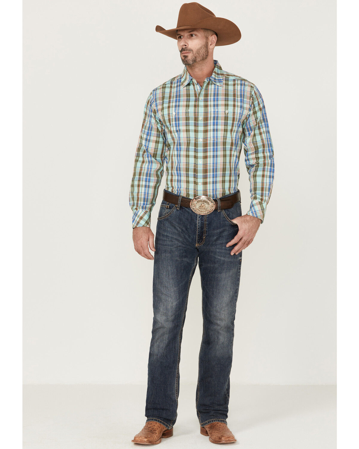 Image #2 - Resistol Men's Hampton Plaid Print Long Sleeve Button Down Western Shirt, Light Green, hi-res