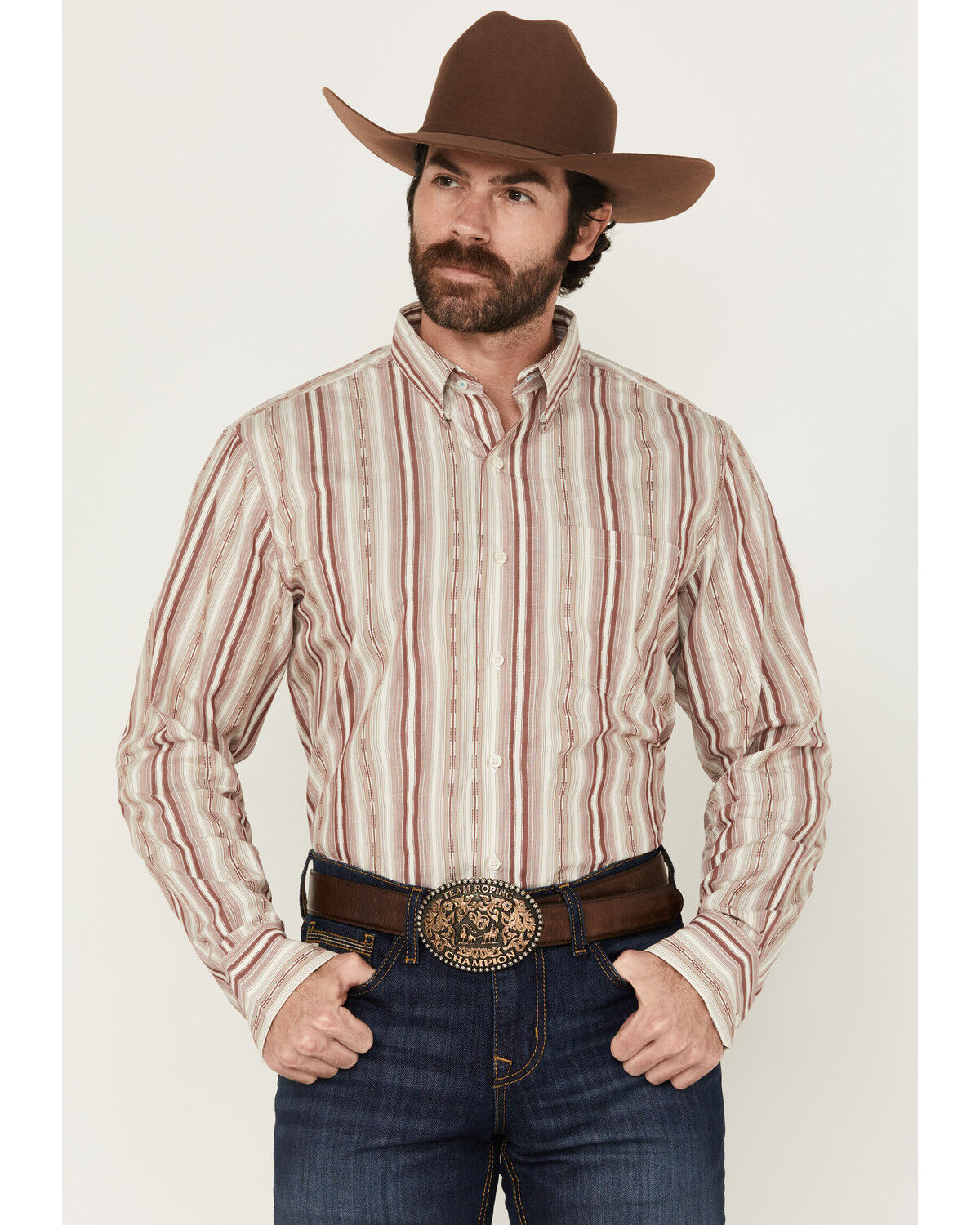 Image #1 - Wrangler X Cody Johnson Men's Striped Long Sleeve Button-Down Western Shirt, Burgundy, hi-res