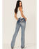 Grace in LA Women's Medium Wash Mid Rise Distressed Embroidered Bootcut Jeans, Blue, hi-res