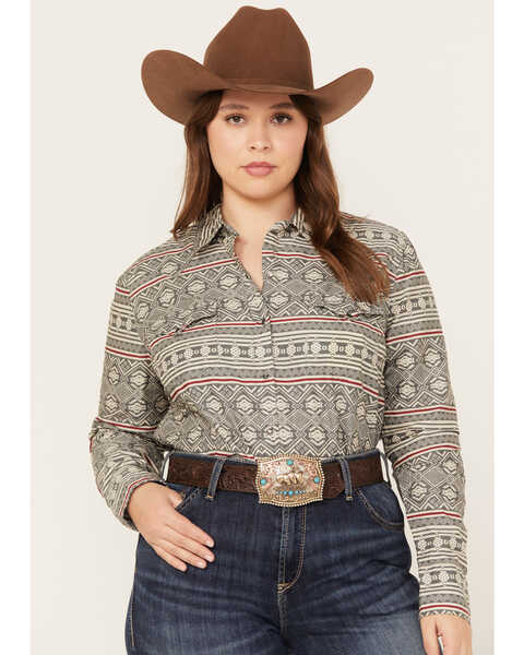 Image #1 - Roper Women's Southwestern Print Long Sleeve Snap Western Shirt - Plus, Grey, hi-res
