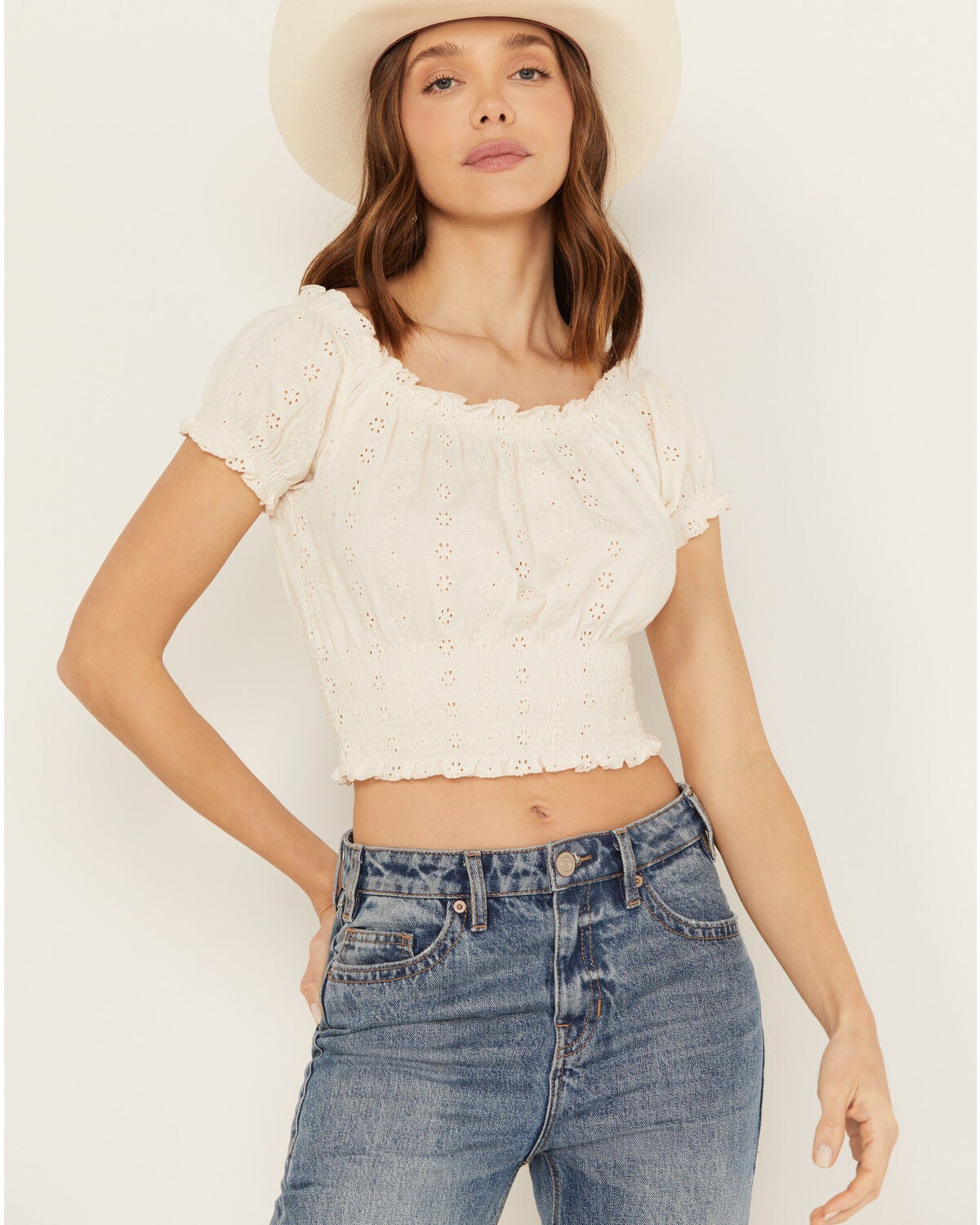 Image #1 - Cleo + Wolf Women's Knit Eyelet Smocked Crop Top, Cream, hi-res