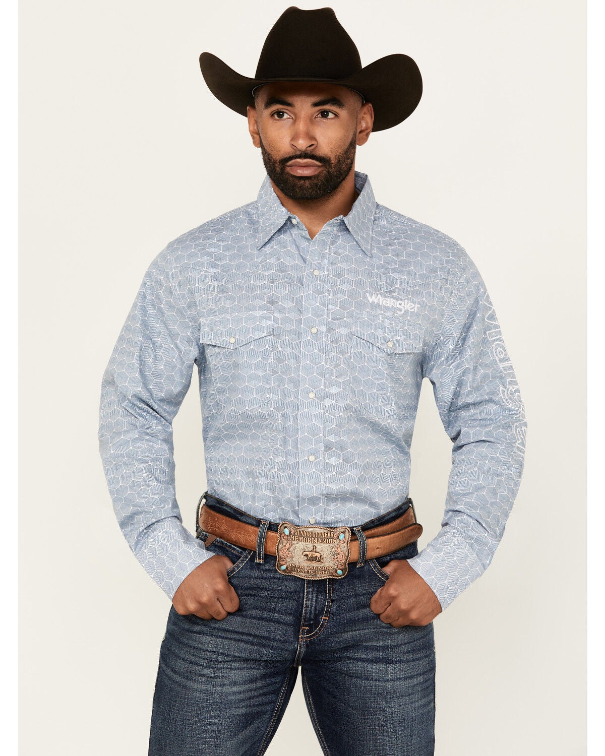 Image #1 - Wrangler Men's Geo Print Logo Long Sleeve Snap Western Shirt - Tall, Blue, hi-res