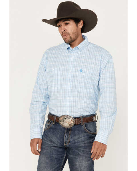 Image #1 - George Strait by Wrangler Men's Plaid Print Long Sleeve Button Down Western Shirt , Light Blue, hi-res
