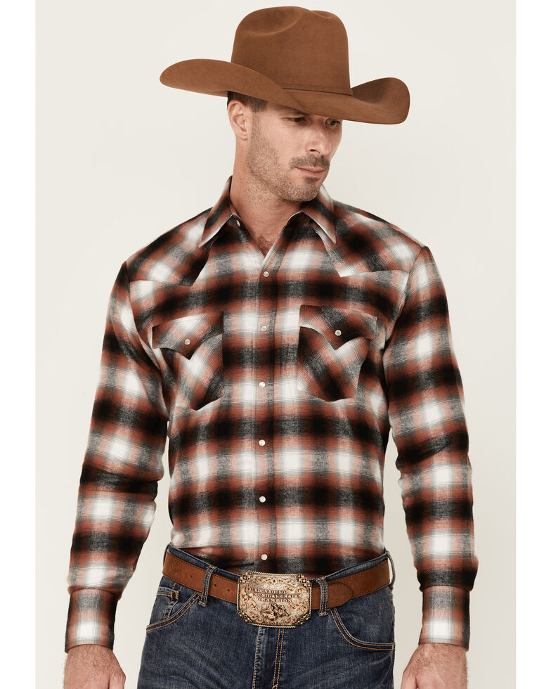 Ely Walker Men's Rust Small Plaid Long Sleeve Snap Western Flannel Shirt - Big & Tall , Rust Copper, hi-res