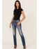 Image #3 - Miss Me Women's Dark Wash Mid Rise Cross Pocket Slim Bootcut Stretch Denim Jeans, Medium Wash, hi-res