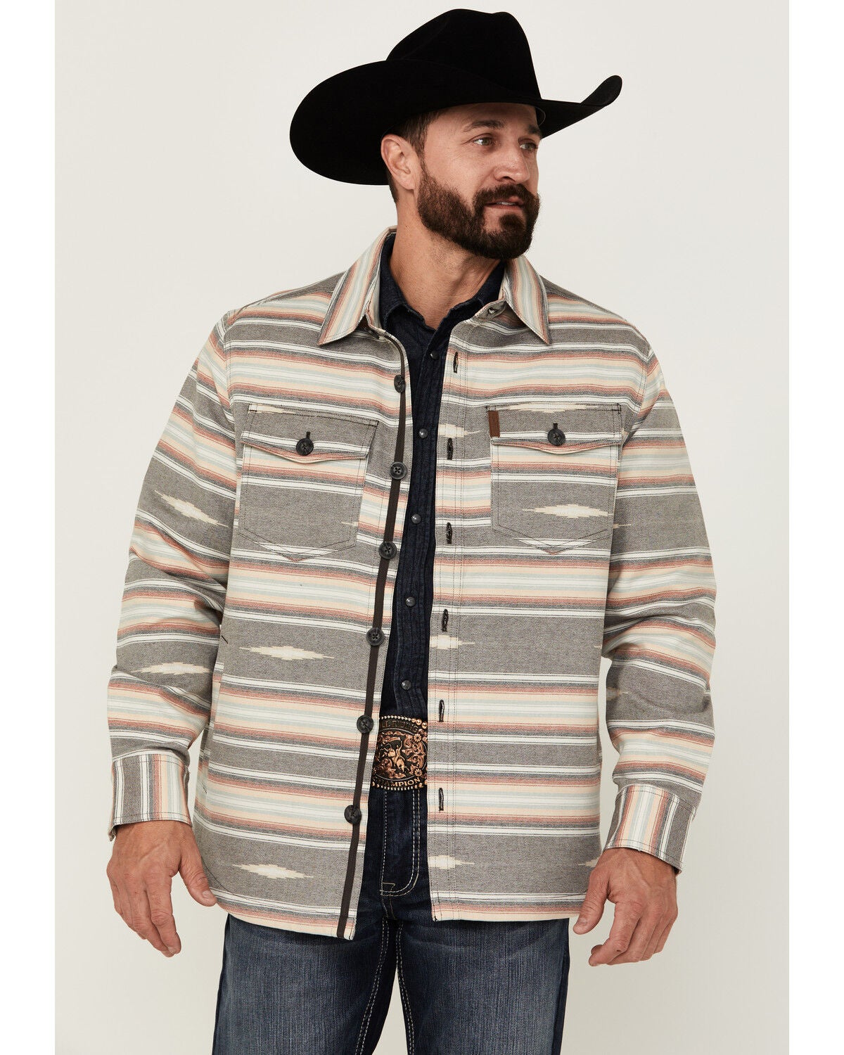 Cinch Men's Southwestern Jacquard Shirt Jacket, Grey, hi-res