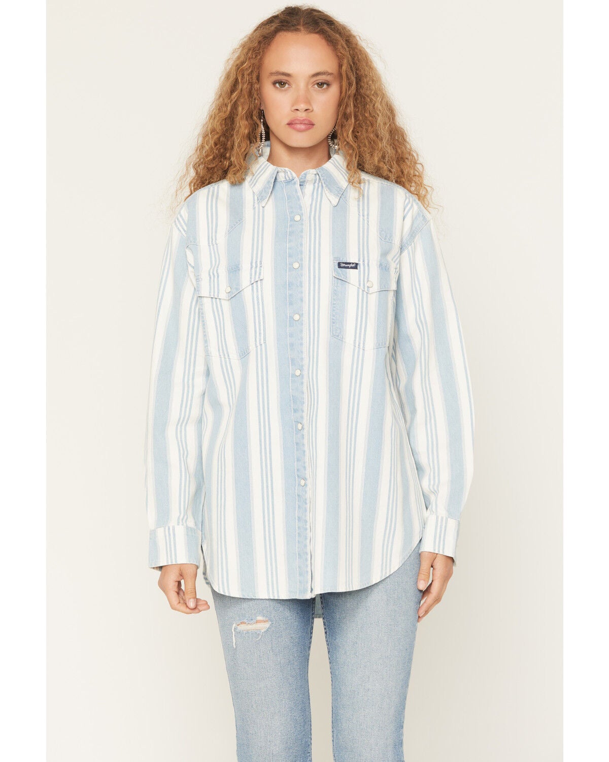 Image #1 - Wrangler Retro Women's Striped Long Sleeve Snap Denim Western Shirt, Blue, hi-res