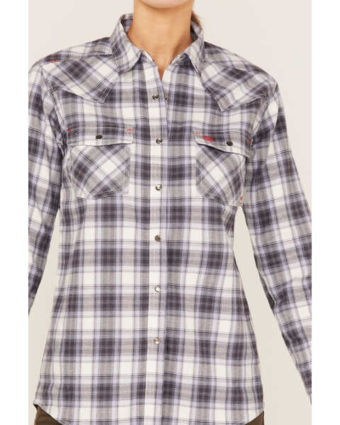 Image #3 - Ariat Women's FR Whitney Plaid Print Long Sleeve Pearl Snap Work Shirt , Lavender, hi-res