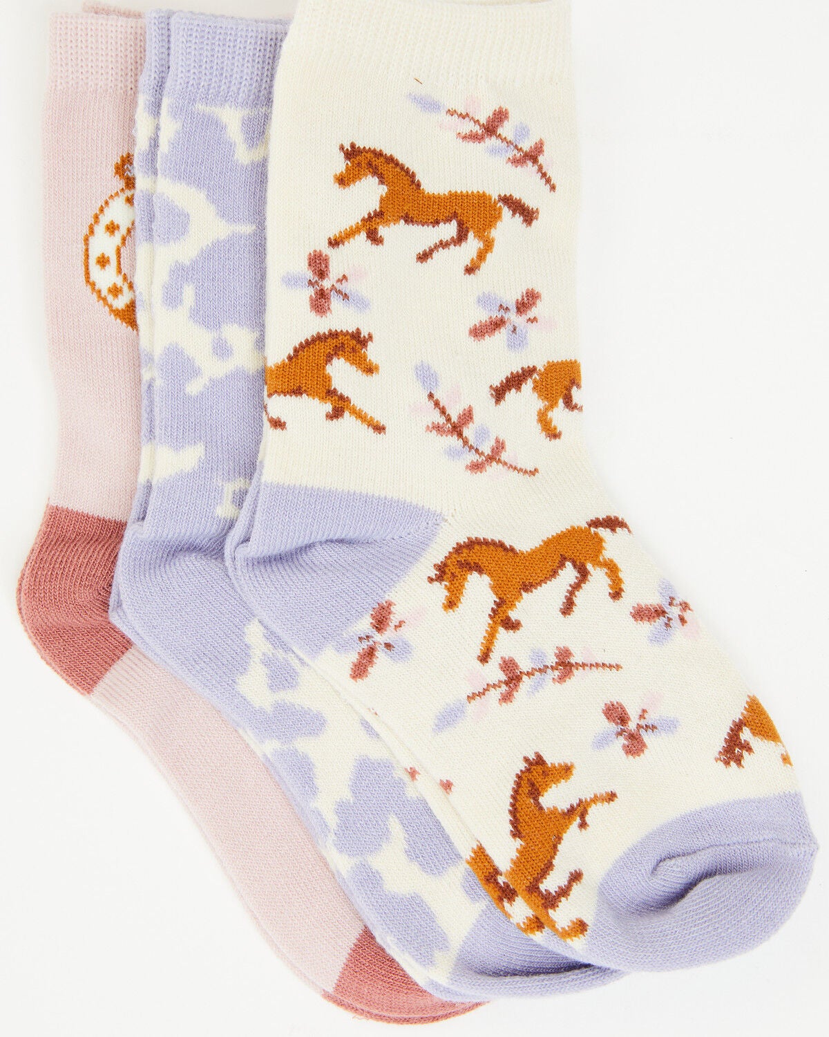 Boot Barn Girls' Horse Icon Crew Socks - 3 Pack, Lavender, hi-res