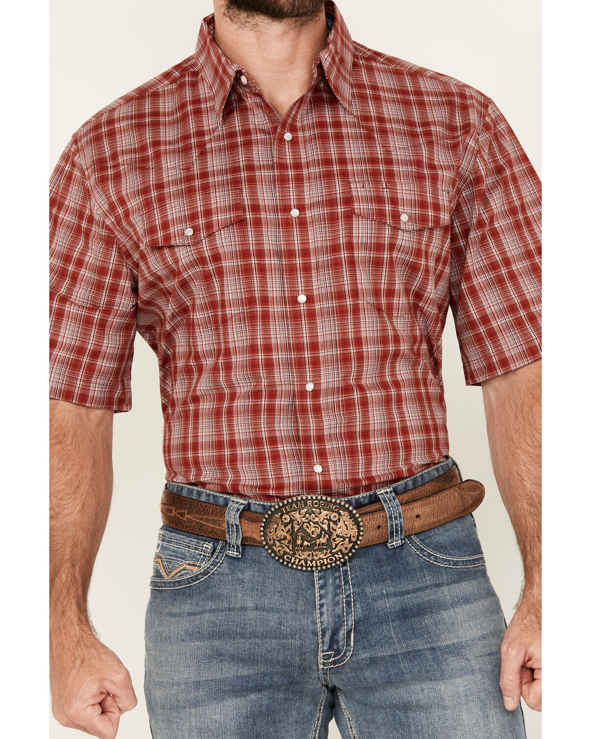 Image #3 - Wrangler Men's Plaid Print Short Sleeve Snap Stretch Western Shirt, Red, hi-res