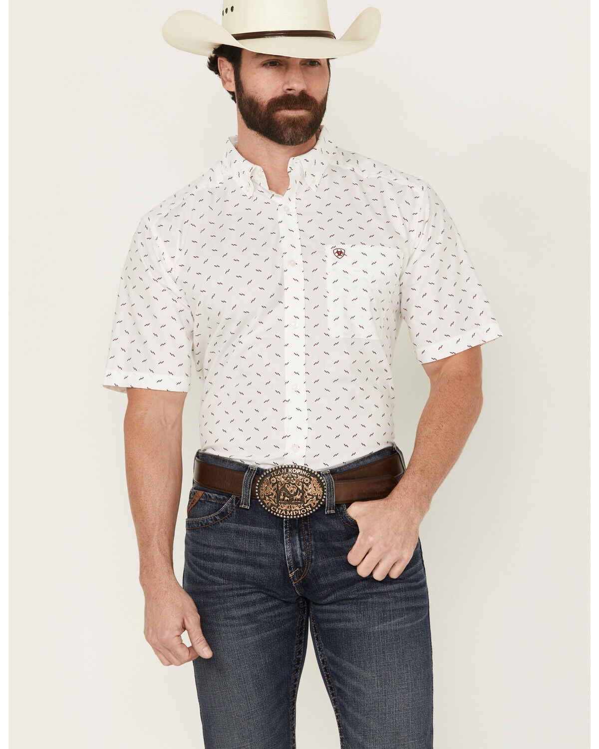 Image #1 - Ariat Men's Grant Geo Print Short Sleeve Button-Down Western Shirt - Tall, White, hi-res