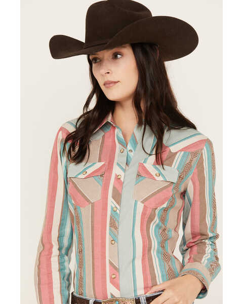 Image #2 - Rock & Roll Denim Women's Striped Long Sleeve Western Snap Shirt, Coral, hi-res