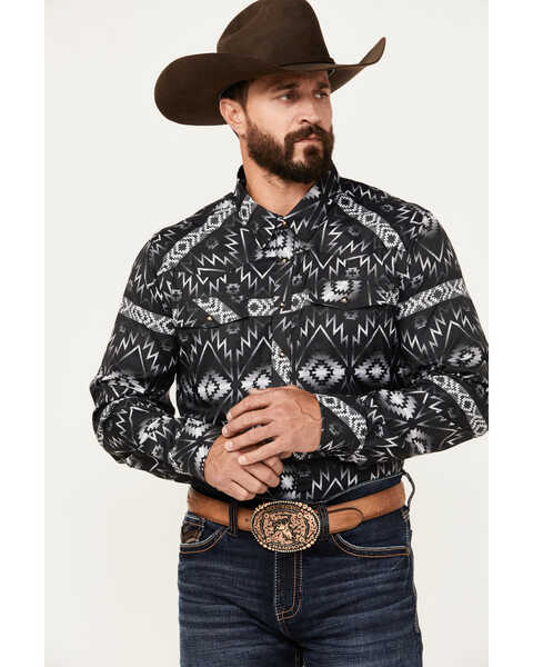 Image #1 - Rock & Roll Denim Men's Southwestern Print Ripstop Long Sleeve Snap Performance Western Shirt, Black, hi-res