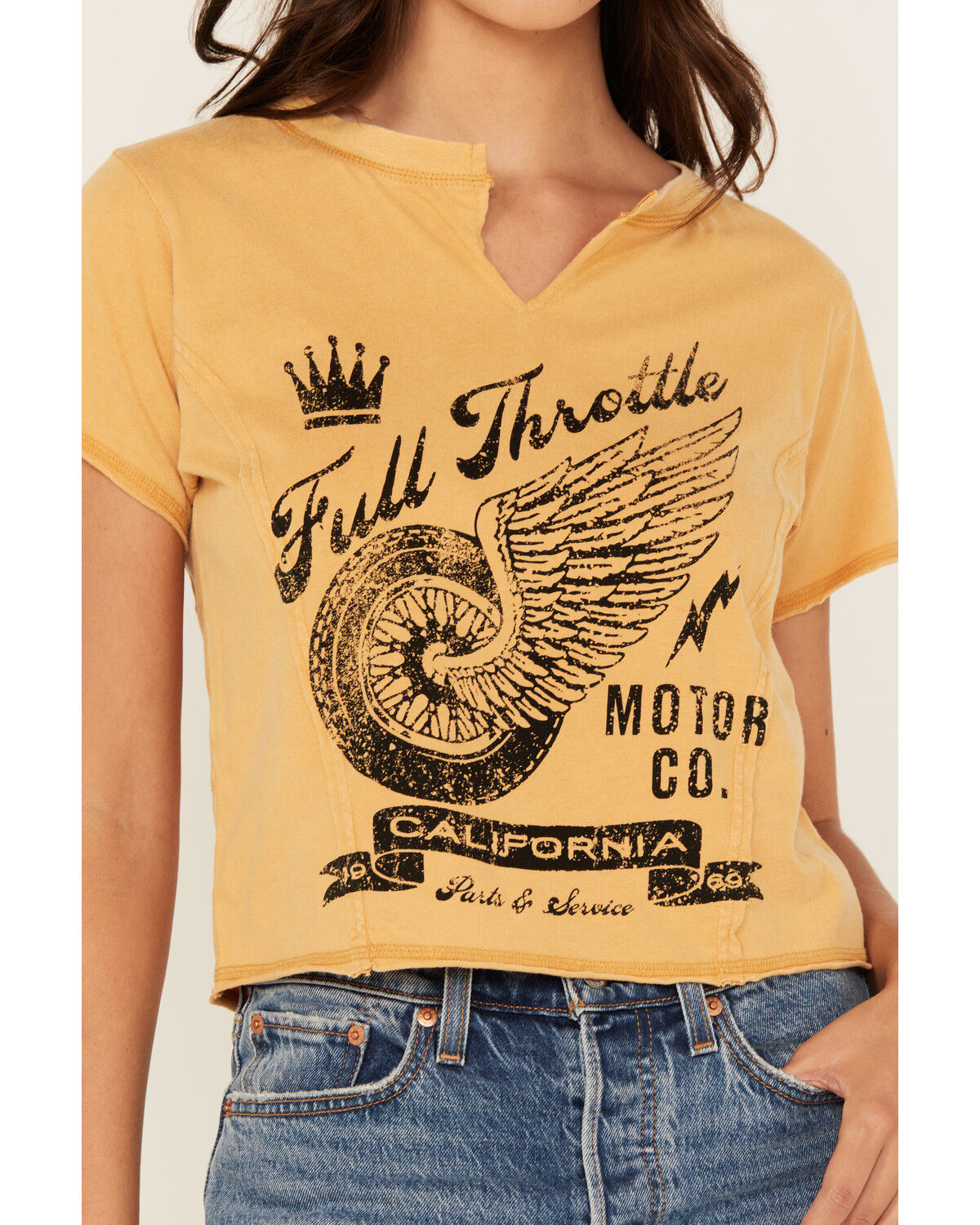 Image #3 - Cleo + Wolf Women's Baby Full Throttle Short Sleeve Cropped Graphic Tee, Dark Yellow, hi-res