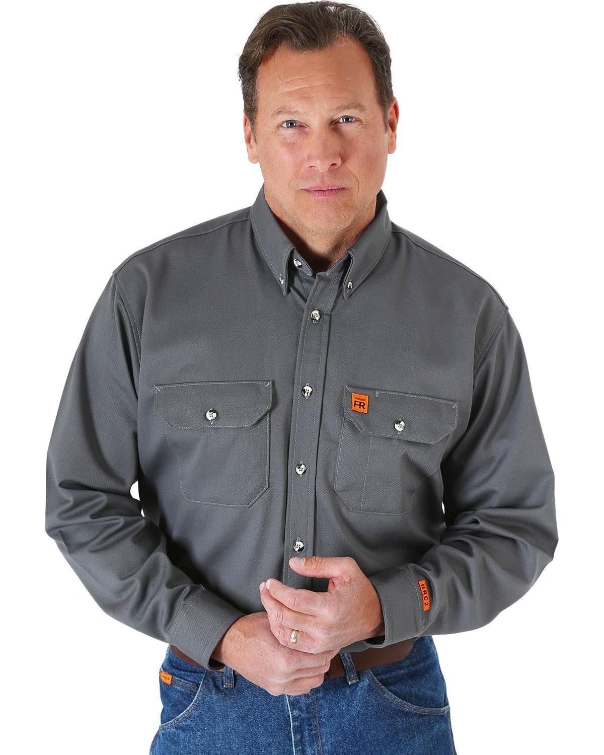 Wrangler Riggs Men's FR Long Sleeve Button Down Work Shirt - Big, Grey, hi-res