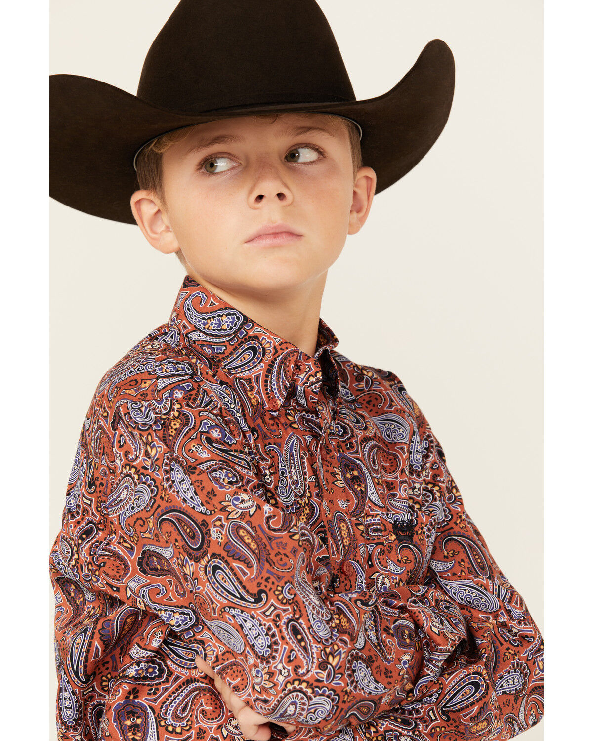 Image #2 - Cinch Boys' Paisley Print Long Sleeve Button-Down Western Shirt, Orange, hi-res