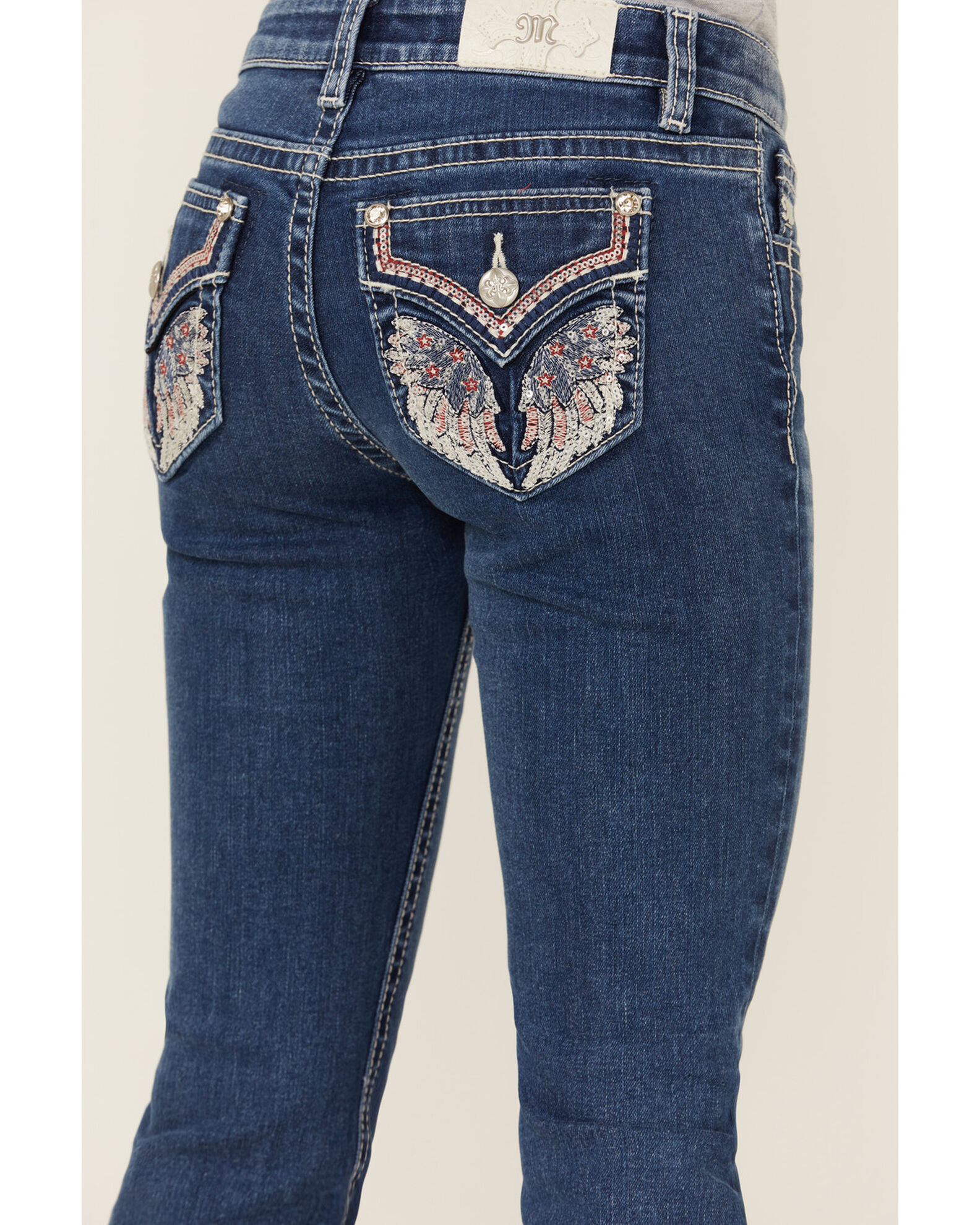 Image #2 - Miss Me Girls' Dark Wash Americana Wing Faux Flap Pocket Bootcut Stretch Denim Jeans, Blue, hi-res