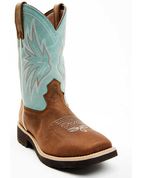 RANK 45 Women's Contrast Shaft Performance Leather Western Boots - Broad Square Toe , Turquoise, hi-res