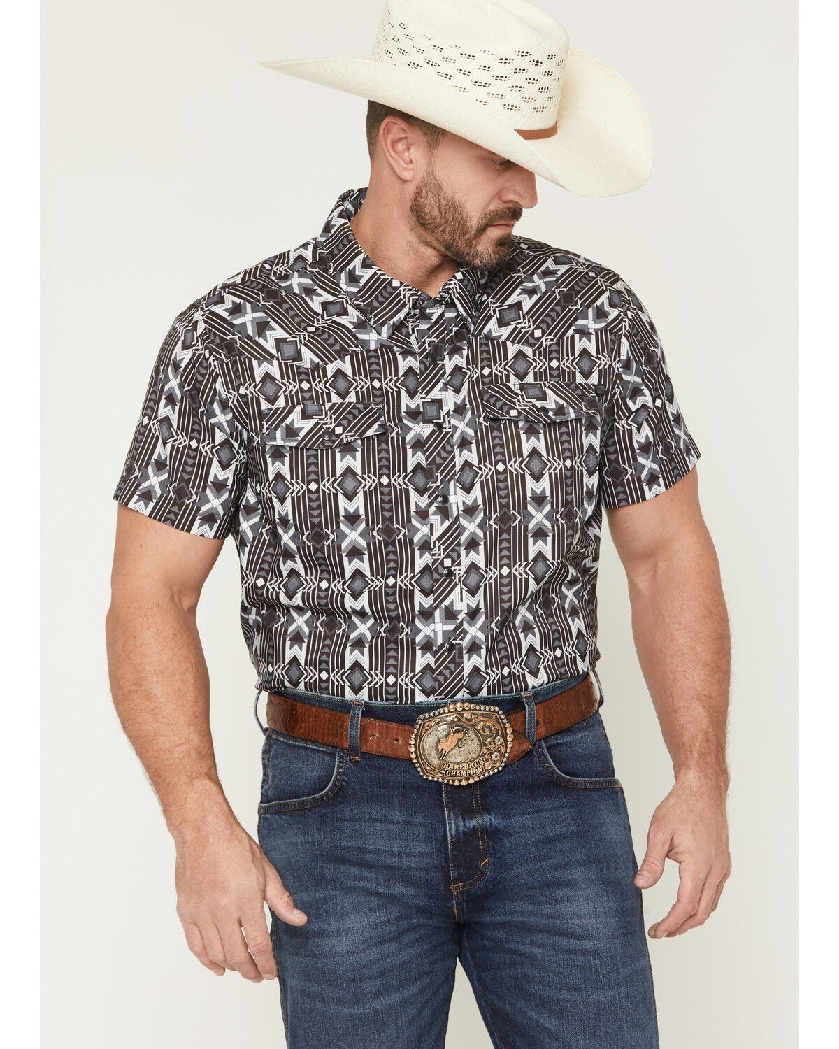 Rock & Roll Denim Men's Southwestern Print Short Sleeve Snap Stretch Western Shirt, Black, hi-res