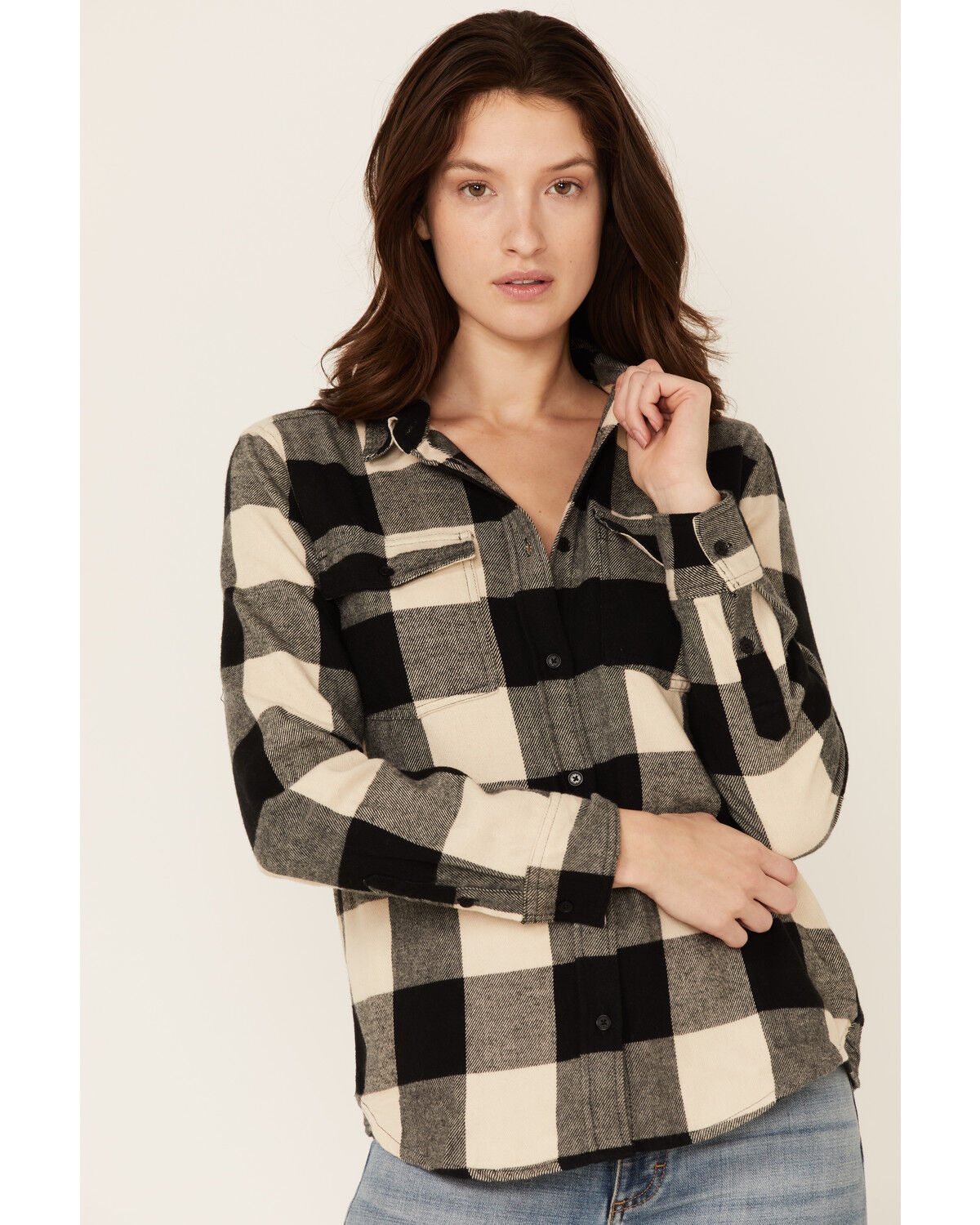 Image #1 - United By Blue Women's Plaid Print Responsible Button Down Western Flannel Shirt, Black/white, hi-res