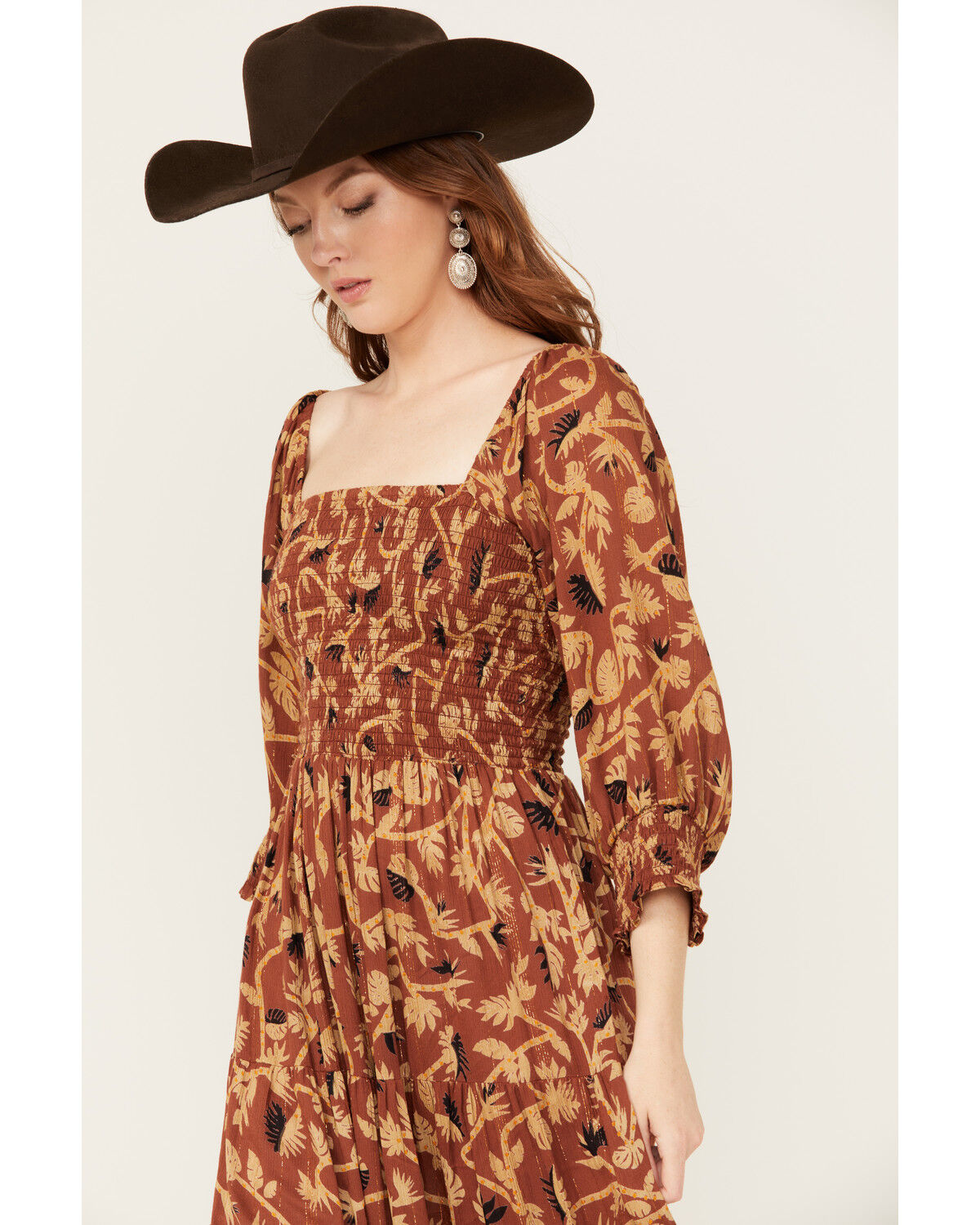Image #2 - Angie Women's Border Print Long Sleeve Maxi Dress, Brown, hi-res