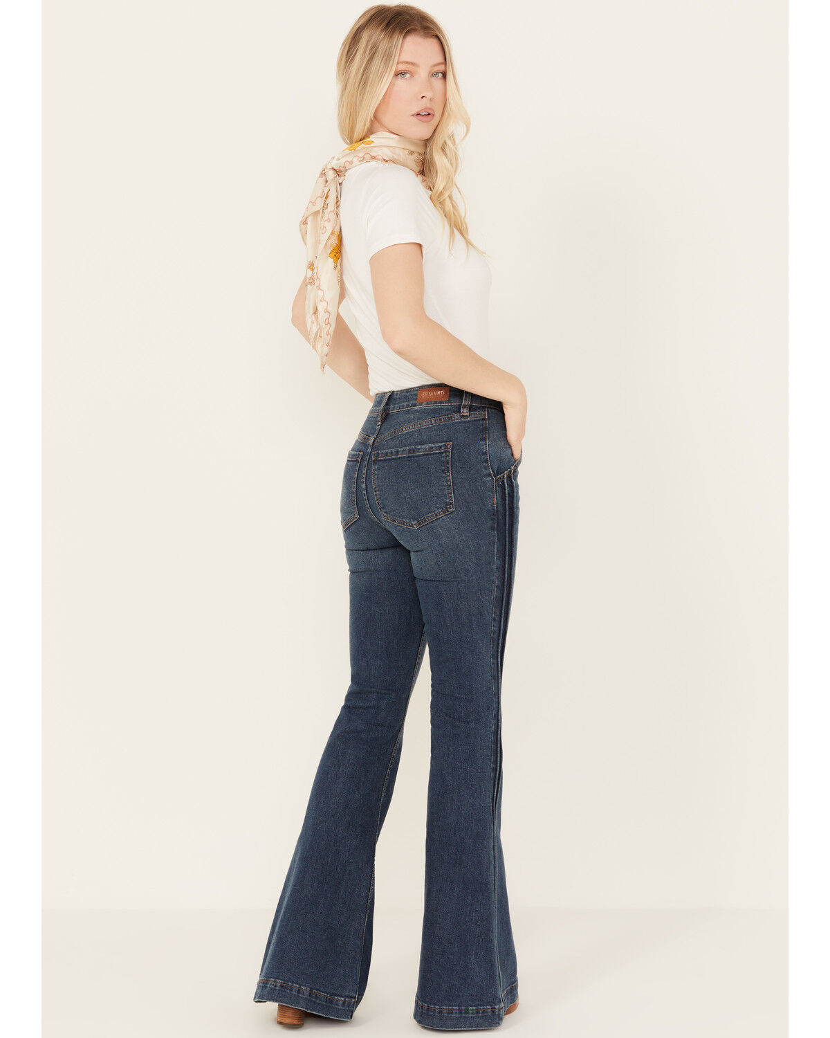 Image #3 - Shyanne Women's Gold Barrel Dark Wash High Rise Pintuck Flare Jeans, Dark Wash, hi-res
