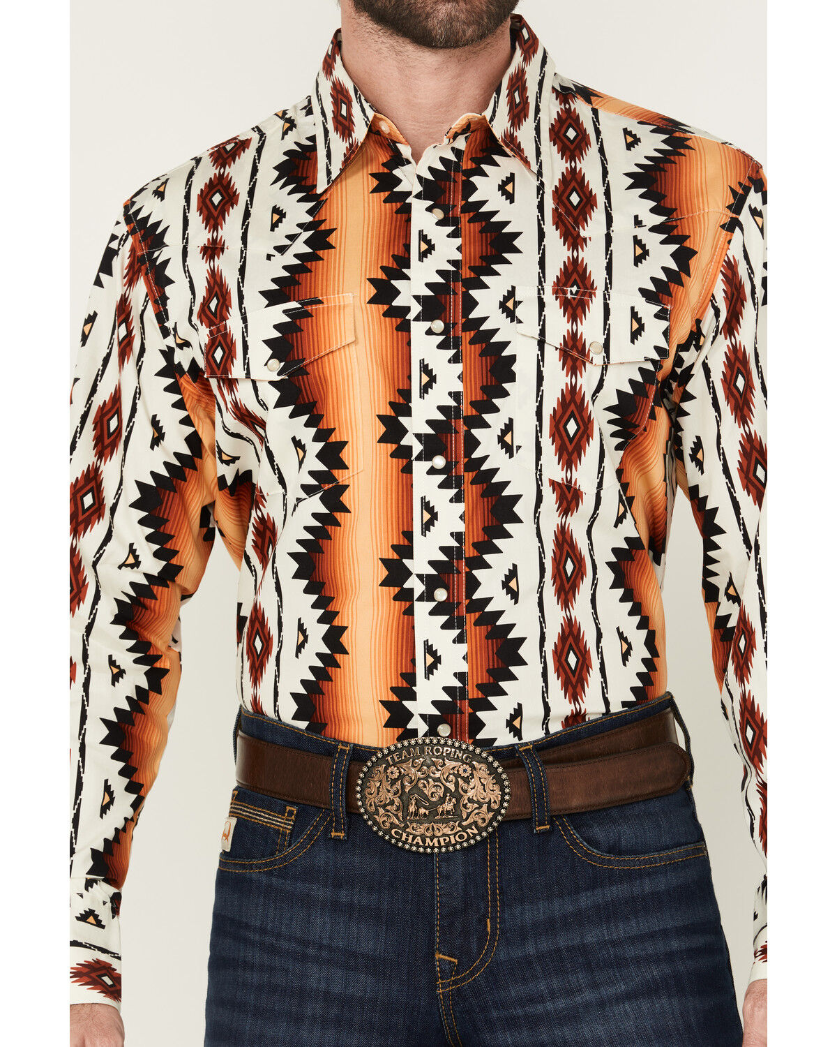 Image #3 - Wrangler Men's Checotah Southwestern Print Long Sleeve Snap Western Shirt, Orange, hi-res