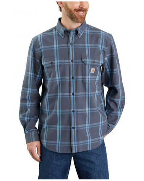 Carhartt Men's Loose Fit Midweight Chambray Long Sleeve Plaid Print T-Shirt, Blue, hi-res