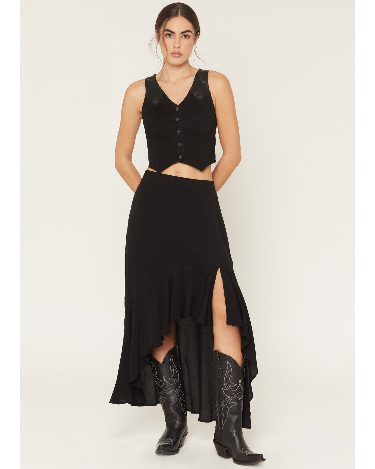 Image #1 - Wild Moss Women's High Slit Ruffle Hem Skirt, Black, hi-res