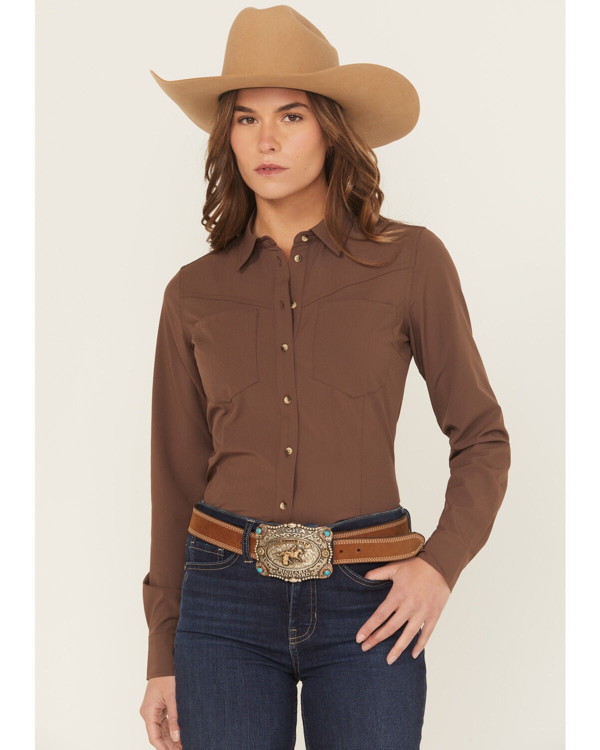 Shyanne Women's Solid Long Sleeve Button-Down Performance Shirt, Brown, hi-res
