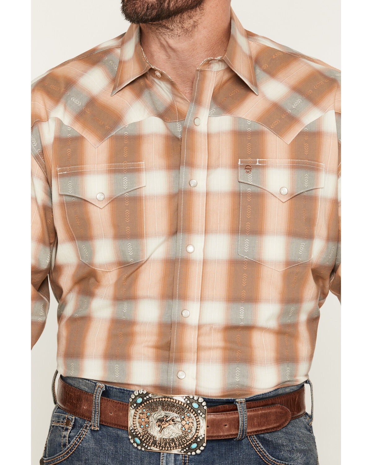 Image #3 - Stetson Men's Dobby Plaid Print Long Sleeve Snap Western Shirt, Tan, hi-res