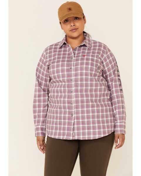 Ariat Women's FR Plaid Print Aja Logo Long Sleeve Button Down Work Shirt - Plus, , hi-res